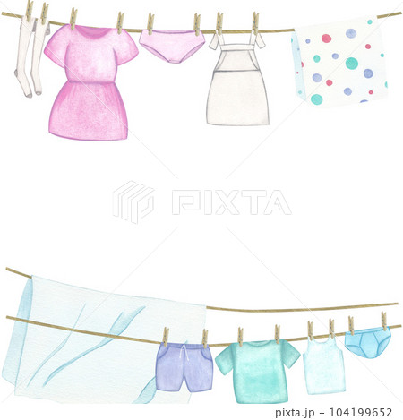 Laundry. Template, border with bed linen and clothes, dress, apron, stockings, T-shirt, shorts, underpants. Watercolor illustration on a white background. Hand-drawn. For postcards Laundry. Template, border with bed linen and clothes, dress, apron, stockings, T-shirt, shorts, underpants. Watercolor illustration on a white background. Hand-drawn. For postcards 104199652