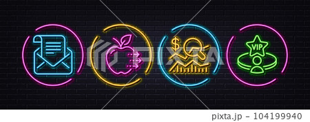 Food delivery, Check investment and Mail newsletter minimal line icons. Neon laser 3d lights. Vip table icons. For web, application, printing. Fresh apple, Business report, Open e-mail. Vector Food delivery, Check investment and Mail newsletter minimal line icons. Neon laser 3d lights. Vip table icons. For web, application, printing. Fresh apple, Business report, Open e-mail. Vector 104199940