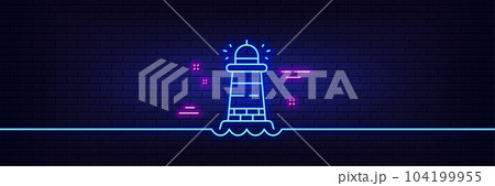 Neon light glow effect. Lighthouse line icon. Searchlight tower sign. Beacon symbol. 3d line neon glow icon. Brick wall banner. Lighthouse outline. Vector 104199955