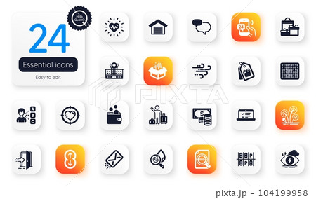 Set of Business flat icons. Chat message, Scroll down and 24h service elements for web application. Water analysis, Opinion, Coupons icons. Shopping, Web lectures, Heartbeat elements. Vector Set of Business flat icons. Chat message, Scroll down and 24h service elements for web application. Water analysis, Opinion, Coupons icons. Shopping, Web lectures, Heartbeat elements. Vector 104199958