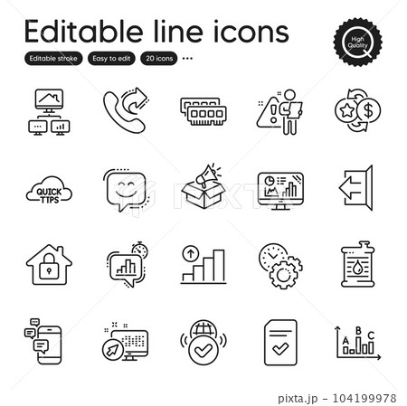Set of Technology outline icons. Contains icons as Search employee, Quick tips and Ram elements. Sign out, Communication, Graph chart web signs. Survey results, Oil barrel. Vector Set of Technology outline icons. Contains icons as Search employee, Quick tips and Ram elements. Sign out, Communication, Graph chart web signs. Survey results, Oil barrel. Vector 104199978