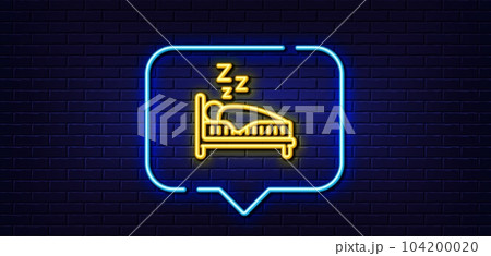 Neon light speech bubble. Sleep line icon. Night rest bed sign. Human bedtime symbol. Neon light background. Sleep glow line. Brick wall banner. Vector 104200020