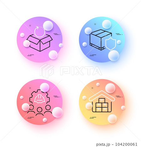 Wholesale goods, Return package and Delivery insurance minimal line icons. 3d spheres or balls buttons. Engineering team icons. For web, application, printing. Vector 104200061