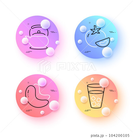 Teapot, Tomato and Cashew nut minimal line icons. 3d spheres or balls buttons. Ice tea icons. For web, application, printing. Tea kettle, Fresh vegetable, Vegetarian food. Soda beverage. Vector Teapot, Tomato and Cashew nut minimal line icons. 3d spheres or balls buttons. Ice tea icons. For web, application, printing. Tea kettle, Fresh vegetable, Vegetarian food. Soda beverage. Vector 104200105