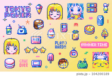 Summer Pixel Sticker Set. Y2K 8 Bit Pixel Art - Stock