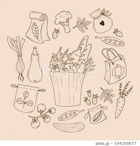 Collection Eco bag with food, vegetables and paper bags. Isolated vector outline hand drawings products and packaging bags and pouches. Collection Eco bag with food, vegetables and paper bags. Isolated vector outline hand drawings products and packaging bags and pouches. 104200677