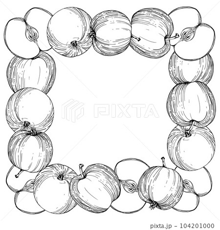 Hand drawn ink apple fruits, ripe full and slices, monochrome vector, detailed outline Square frame composition. Isolated object on white background. Design for wall art, wedding, print, fabric, card. Hand drawn ink apple fruits, ripe full and slices, monochrome vector, detailed outline Square frame composition. Isolated object on white background. Design for wall art, wedding, print, fabric, card. 104201000