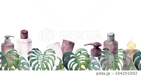 Hand drawn watercolor spa skincare bath beauty products package. Seamless horizontal banner. Isolated on white background. Design for wall art, wellness resort, print, fabric, cover, card, booklet. Hand drawn watercolor spa skincare bath beauty products package. Seamless horizontal banner. Isolated on white background. Design for wall art, wellness resort, print, fabric, cover, card, booklet. 104201002