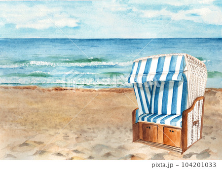 Baltic sea beach and hooded beach chair, Strandkorb. Ostsee Panorama. Sunny Weather, blue sky with clouds. Hand drawn watercolor illustration. 104201033