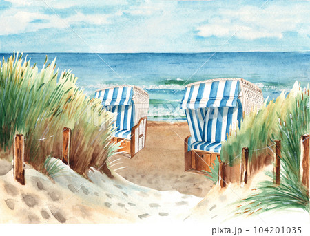 Baltic sea beach with sand dunes and hooded beach chairs, Strandkorb. Ostsee Panorama. Sunny Weather, blue sky with clouds. Hand drawn watercolor illustration. 104201035