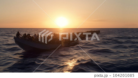 Refugees concept. Boat with refugees at sea,Overload boad with people flee to another country because of the war. Refugees concept. Boat with refugees at sea,Overload boad with people flee to another country because of the war. 104201085