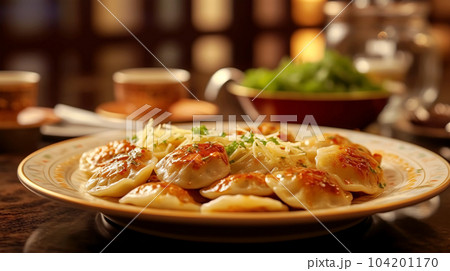 Delicious pelmeni, dumplings, ravioli, for menu in restaurant, banners, social media 104201170
