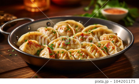 Delicious pelmeni, dumplings, ravioli, for menu in restaurant, banners, social media 104201175