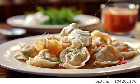 Delicious pelmeni, dumplings, ravioli, for menu in restaurant, banners, social media 104201176
