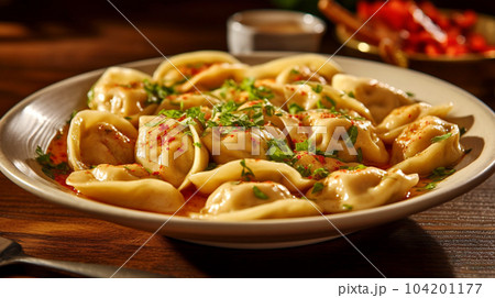 Delicious pelmeni, dumplings, ravioli, for menu in restaurant, banners, social media Delicious pelmeni, dumplings, ravioli, for menu in restaurant, banners, social media 104201177
