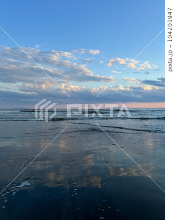 鎌倉の海と空と雲の風景、流木と波打ち際の風景、流木のあるビーチサイドの風景、夕暮れ時の光る海の風景 104201947