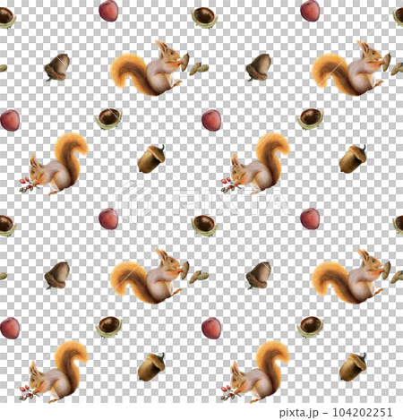 Red squirrel with pine cones, acorns, berries and chestnuts watercolor seamless pattern on white background fabric, scrapbooking, bed linen designs 104202251