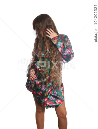Woman With Natural Long Hair Wearing Silk Nightgown Woman With Natural Long Hair Wearing Silk Nightgown 104202323