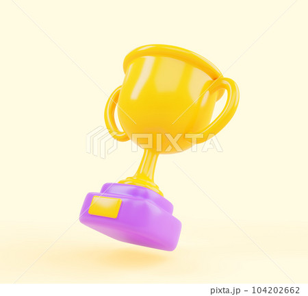 Cartoon golden trophy cup 3d render icon. Winner prize, bonus for first place in game, sport award, business success concept. Gold goblet on purple pedestal isolated on background. 3D illustration Cartoon golden trophy cup 3d render icon. Winner prize, bonus for first place in game, sport award, business success concept. Gold goblet on purple pedestal isolated on background. 3D illustration 104202662