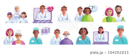 3D doctor patient icon set, medical vector clinic cartoon character, professional diverse team.  104202833