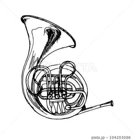 French horn brass musical instrument vector illustration isolated. Double horn silhouette orchestra woodwind instrument ink hand drawn. Element for design wrapping, postcard, brochure, invitation French horn brass musical instrument vector illustration isolated. Double horn silhouette orchestra woodwind instrument ink hand drawn. Element for design wrapping, postcard, brochure, invitation 104203086