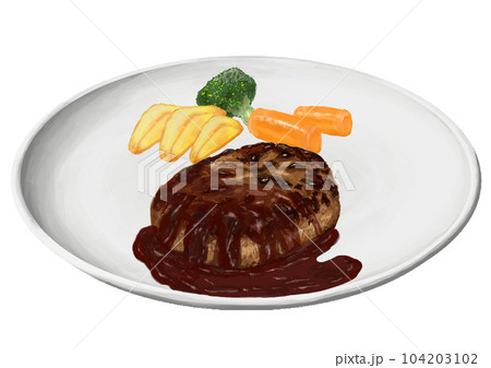 皿に盛られたハンバーグ　リアルイラスト 104203102