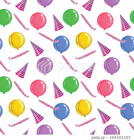 Multi-colored balloons, birthday pipes, holiday hats. Seamless vector pattern for congratulations. Greeting cards, holiday banners, wrapping paper. 104203103