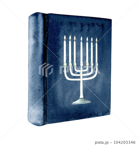 Torah with menorah with candles symbol on the cover watercolor illustration isolated on white background. Blue Jewish Book for Shabbat, Synagogue and holidays disign Torah with menorah with candles symbol on the cover watercolor illustration isolated on white background. Blue Jewish Book for Shabbat, Synagogue and holidays disign 104203346