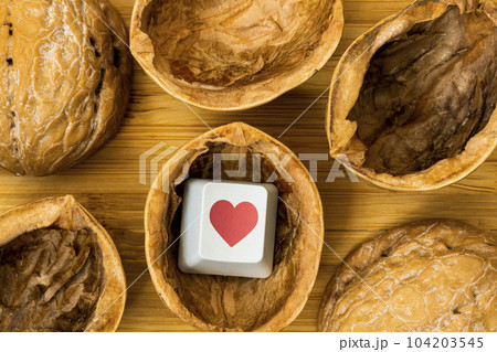 Walnut nutshell with a keyboard key with a heart symbol Walnut nutshell with a keyboard key with a heart symbol 104203545