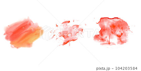 Abstract juicy red orange watercolor splashes collection isolated on white background. Hand drawn colorful texture design element 104203584
