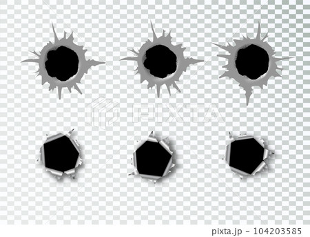 Ragged hole in metal from bullets on white transparent background. Vector 104203585