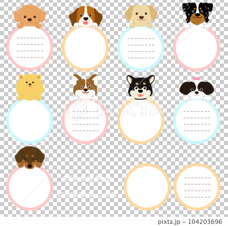 一隻可愛的狗的臉用前爪拿著一張圓形紙幣的插圖設置 B 無主線 104203696