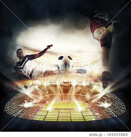 Game action with players above the soccer stadium 104203868