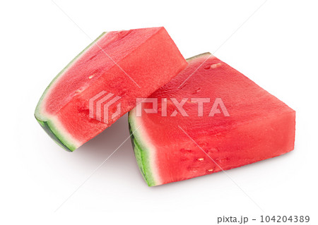 Red seedless watermelon slices isolated on white background with full depth of field. Red seedless watermelon slices isolated on white background with full depth of field. 104204389