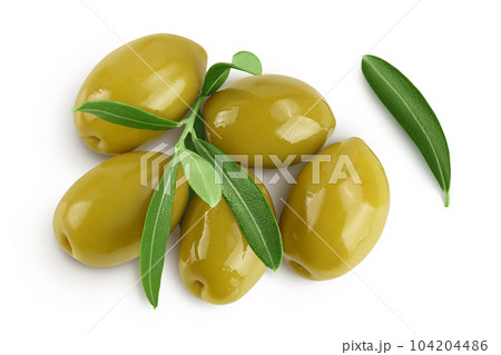 Green olives with leaves isolated on a white background with full depth of field. Top view. Flat lay Green olives with leaves isolated on a white background with full depth of field. Top view. Flat lay 104204486