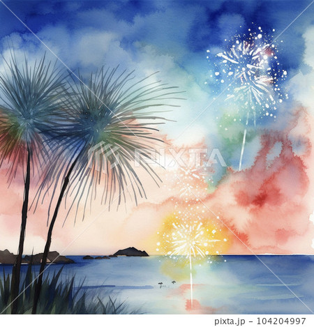 夜空に輝く花火と空と海の背景 AI画像のイラスト素材 [104204997] - PIXTA