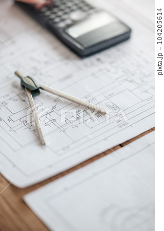 Workplace of architect. architectural plan, compass drawing tool, Engineering tools 104205614