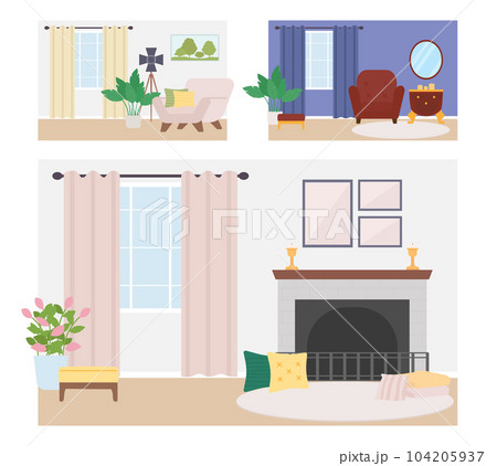 Cozy home decor flat color vector illustration set. Living room Cozy home decor flat color vector illustration set. Living room 104205937