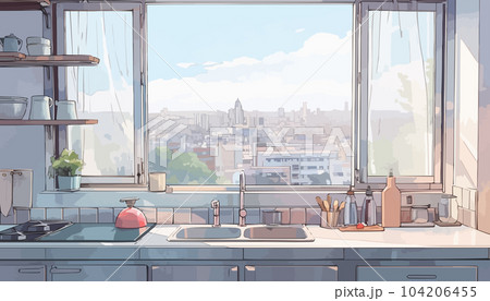 都会の景色が見えるキッチン　AI生成画像 104206455