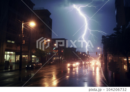 激しい降雨と雷が光る夜の街:AI生成画像 激しい降雨と雷が光る夜の街:AI生成画像 104206732