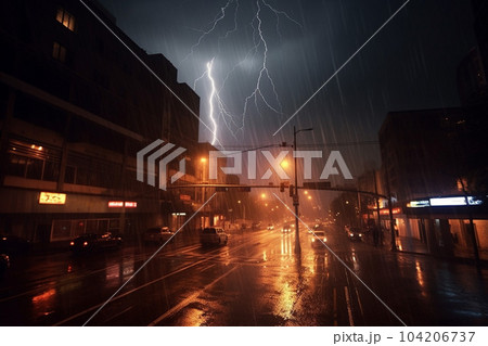 激しい降雨と雷が光る夜の街:AI生成画像 激しい降雨と雷が光る夜の街:AI生成画像 104206737