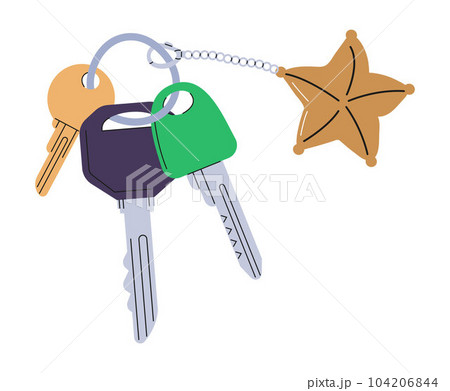 Keychains vector. Pendants in shape of bow, cat, hearts, chain. Trinkets, keyholders and keyrings 104206844