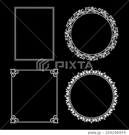 Set of decorative frames Elegant vector element for design in Eastern style, place for text. Floral black and white borders. Lace illustration for invitations and greeting cards. 104206954