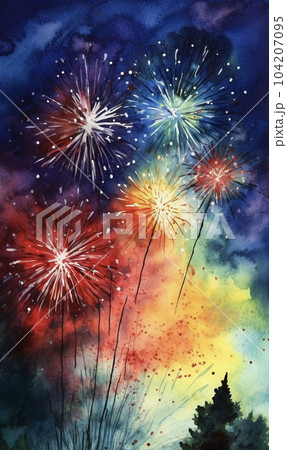 夜空に輝く花火　AI画像 104207095