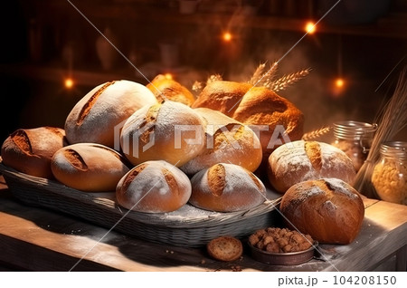 Fresh baked goods with a toasted crust in a bakery. Generative AI. 104208150