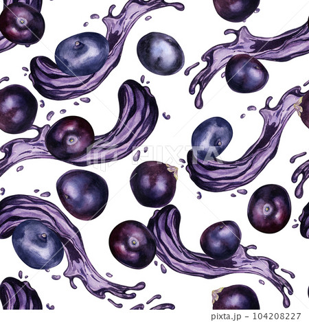 Acai berries on juice splash watercolor seamless pattern isolated on white. Exotic amazon small purple berries, tropical fruit hand drawn. Design element for wrapping, packaging, textile, background 104208227