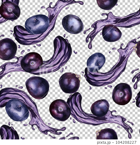 Acai berries on juice splash watercolor seamless pattern isolated on white. Exotic amazon small purple berries, tropical fruit hand drawn. Design element for wrapping, packaging, textile, background 104208227