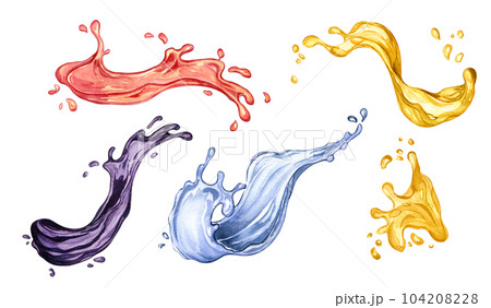 Splash juice of purple, pink, yellow fruit watercolor illustration isolated on white. Tropical fruit, violet liquid hand drawn. Design element for packaging, menu, label, drink, ice-cream, tableware 104208228