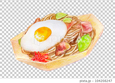 水彩イラスト　手描きイラスト　屋台の焼きそば 104208247