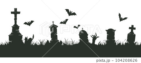 Graveyard silhouette border. Halloween spooky cemetery silhouettes, spooky halloween decoration with scary trees and gravestones flat vector illustration 104208626